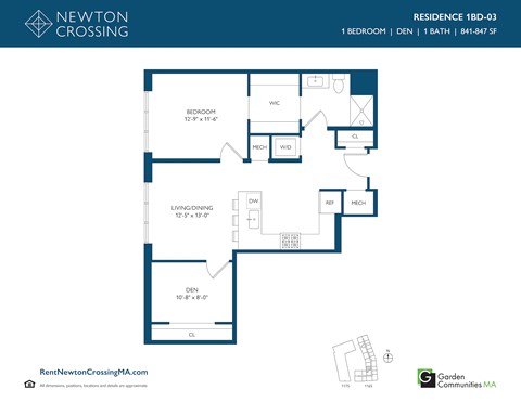 Floor plan for 1 bed, 1 bath, 845 sqft